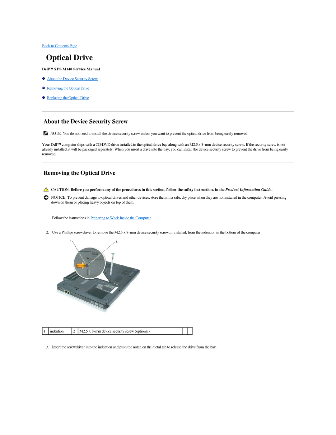 Dell M140 manual About the Device Security Screw, Removing the Optical Drive 