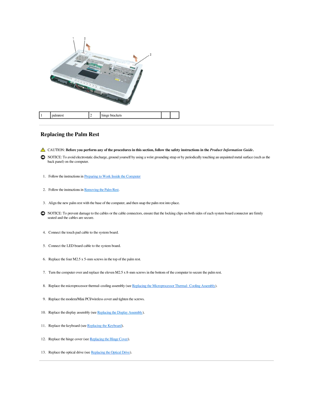 Dell M140 manual Replacing the Palm Rest 