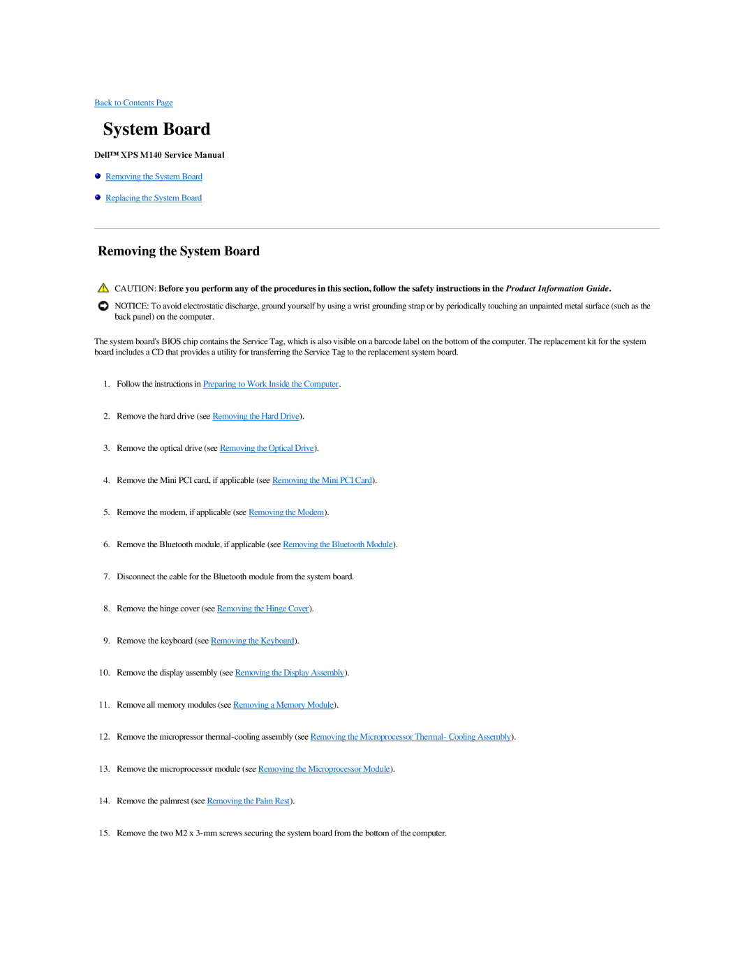 Dell M140 manual Removing the System Board 