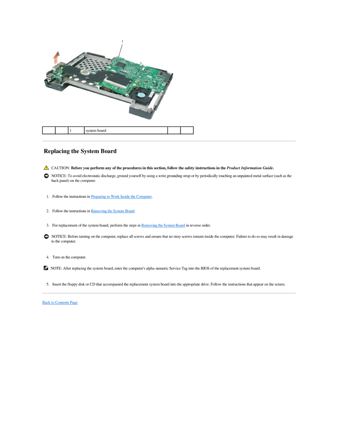 Dell M140 manual Replacing the System Board 