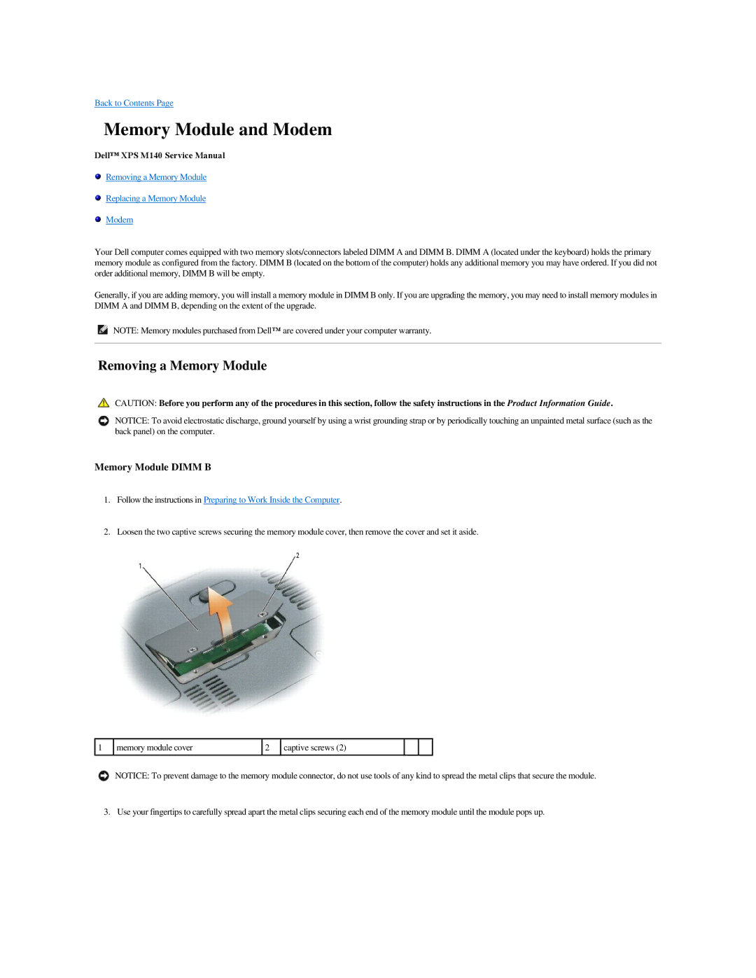 Dell M140 manual Memory Module and Modem, Removing a Memory Module, Memory Module Dimm B 