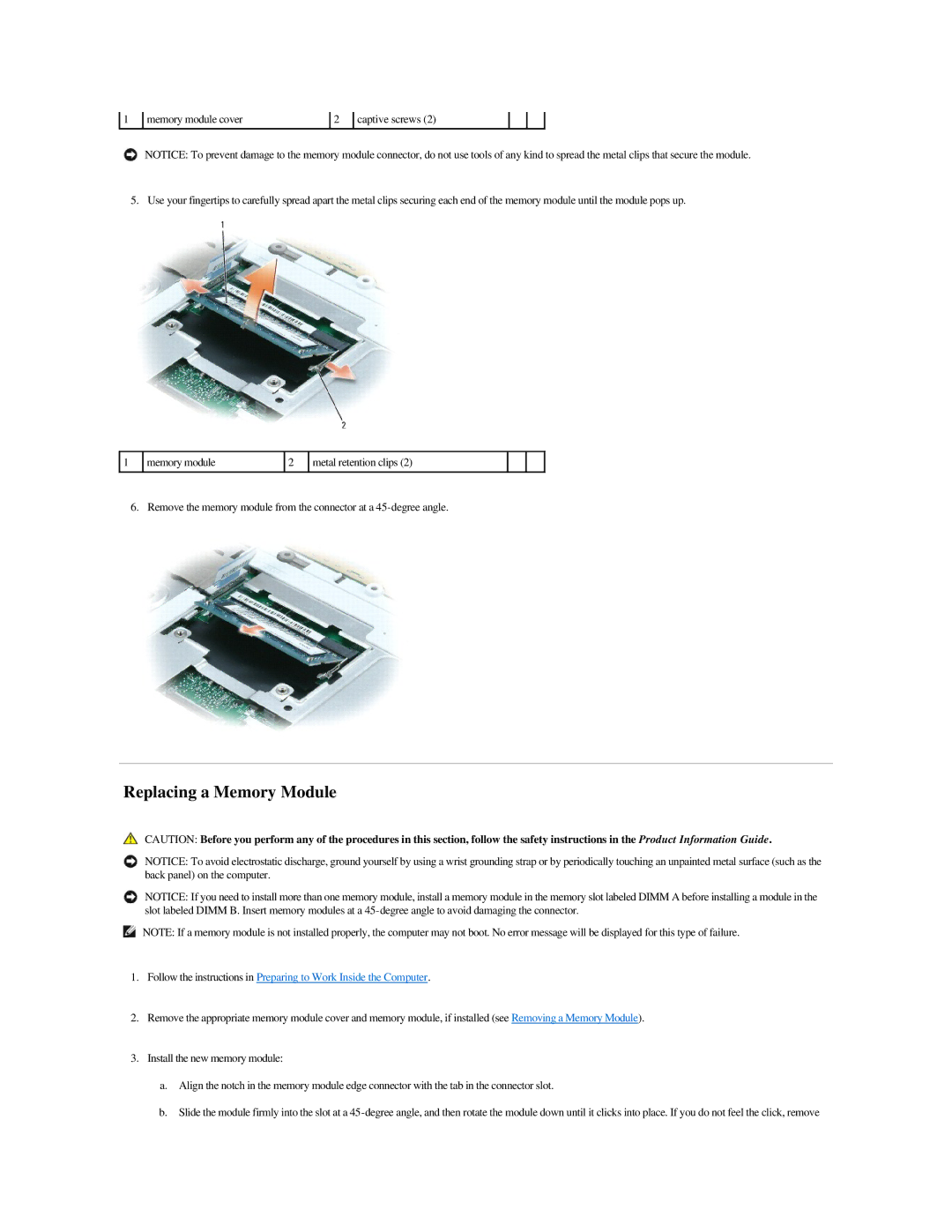 Dell M140 manual Replacing a Memory Module 