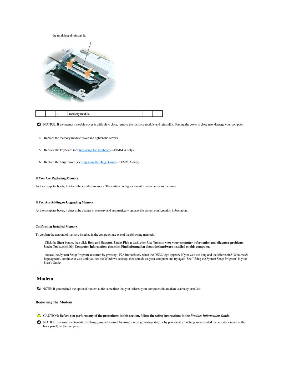 Dell M140 manual Removing the Modem 