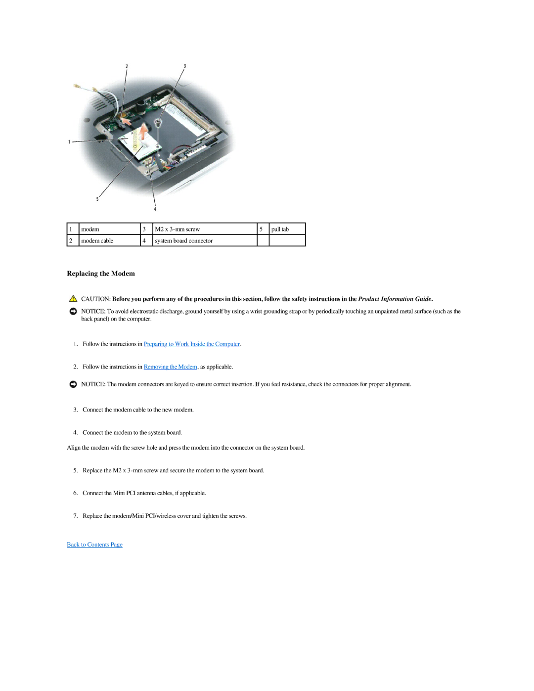 Dell M140 manual Replacing the Modem 