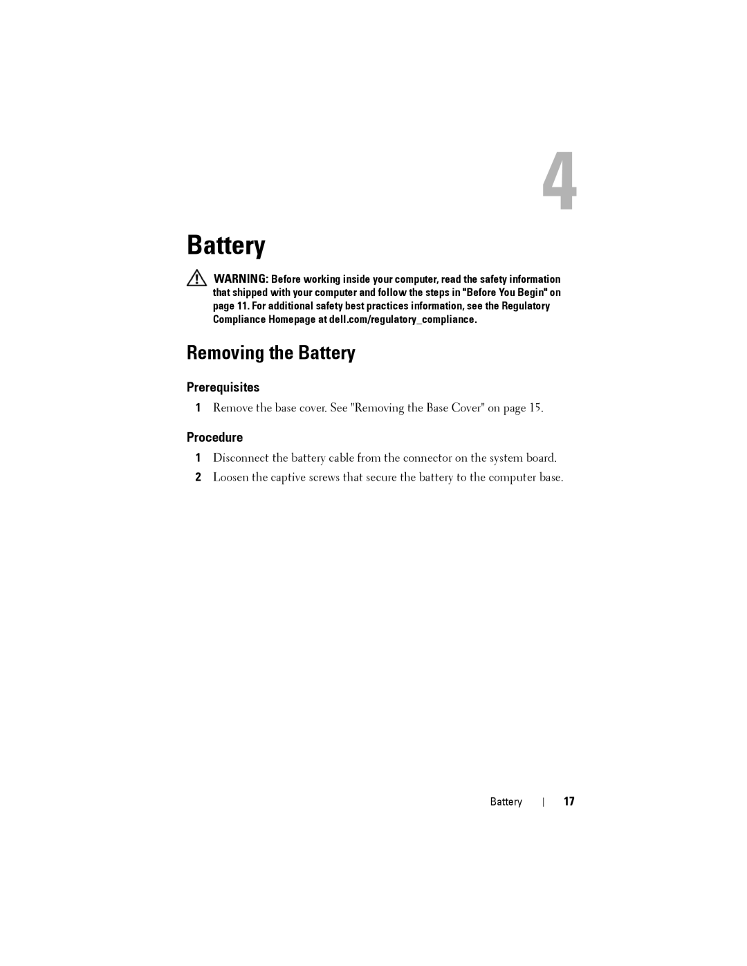 Dell M14XR2 owner manual Removing the Battery 