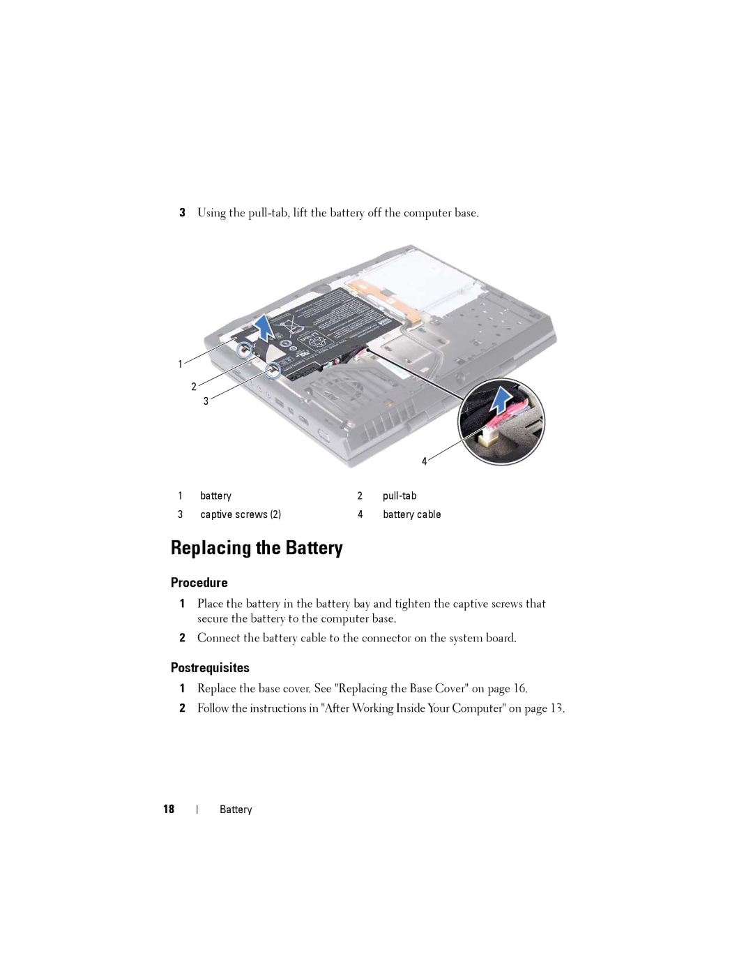 Dell M14XR2 owner manual Replacing the Battery 