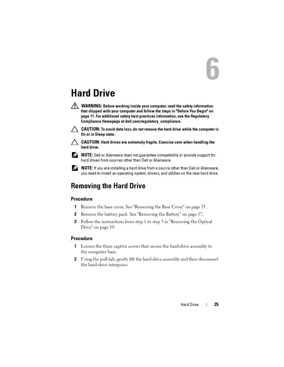 Dell M14XR2 owner manual Removing the Hard Drive 