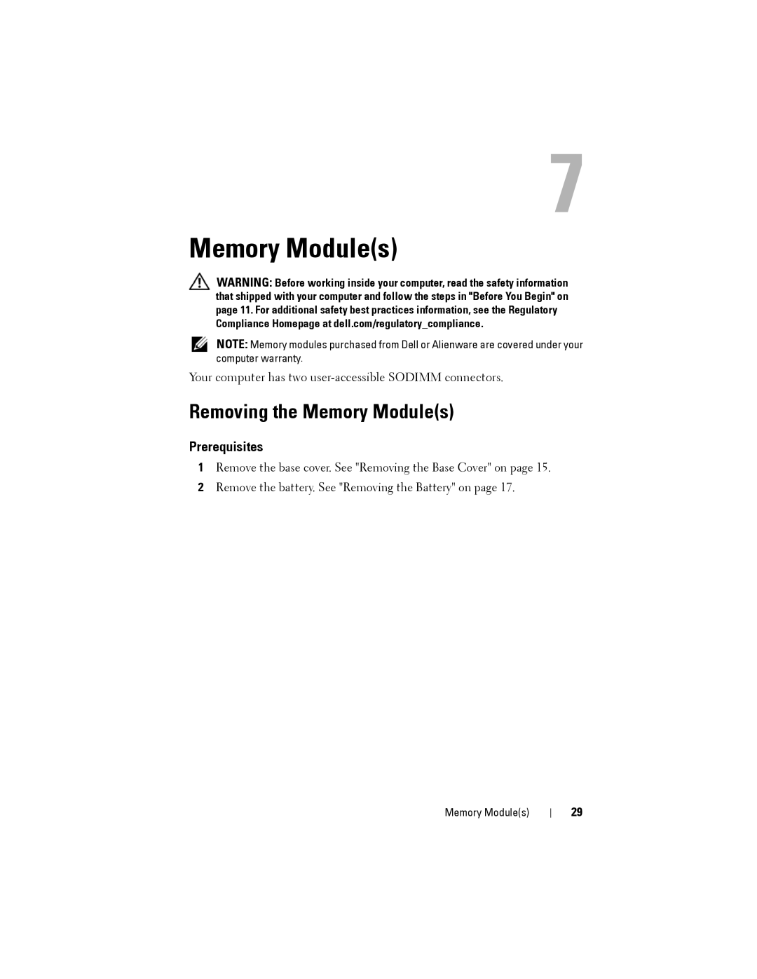 Dell M14XR2 owner manual Removing the Memory Modules 