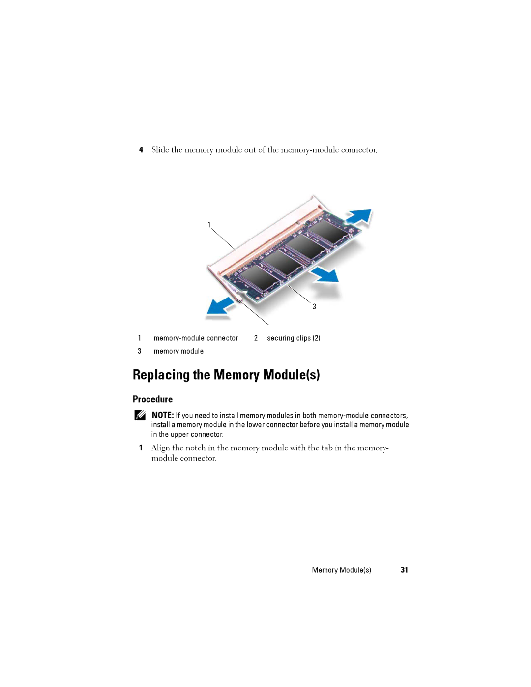 Dell M14XR2 owner manual Replacing the Memory Modules 