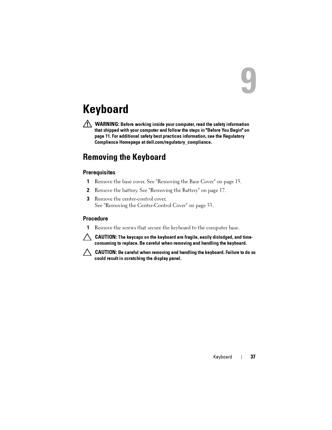 Dell M14XR2 owner manual Removing the Keyboard 