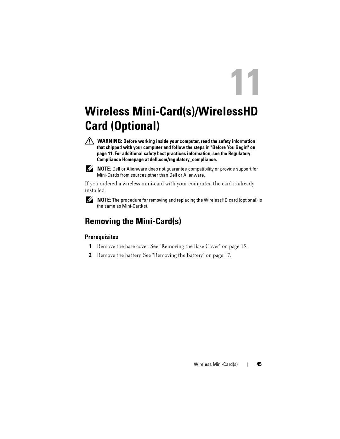 Dell M14XR2 owner manual Wireless Mini-Cards/WirelessHD Card Optional, Removing the Mini-Cards 