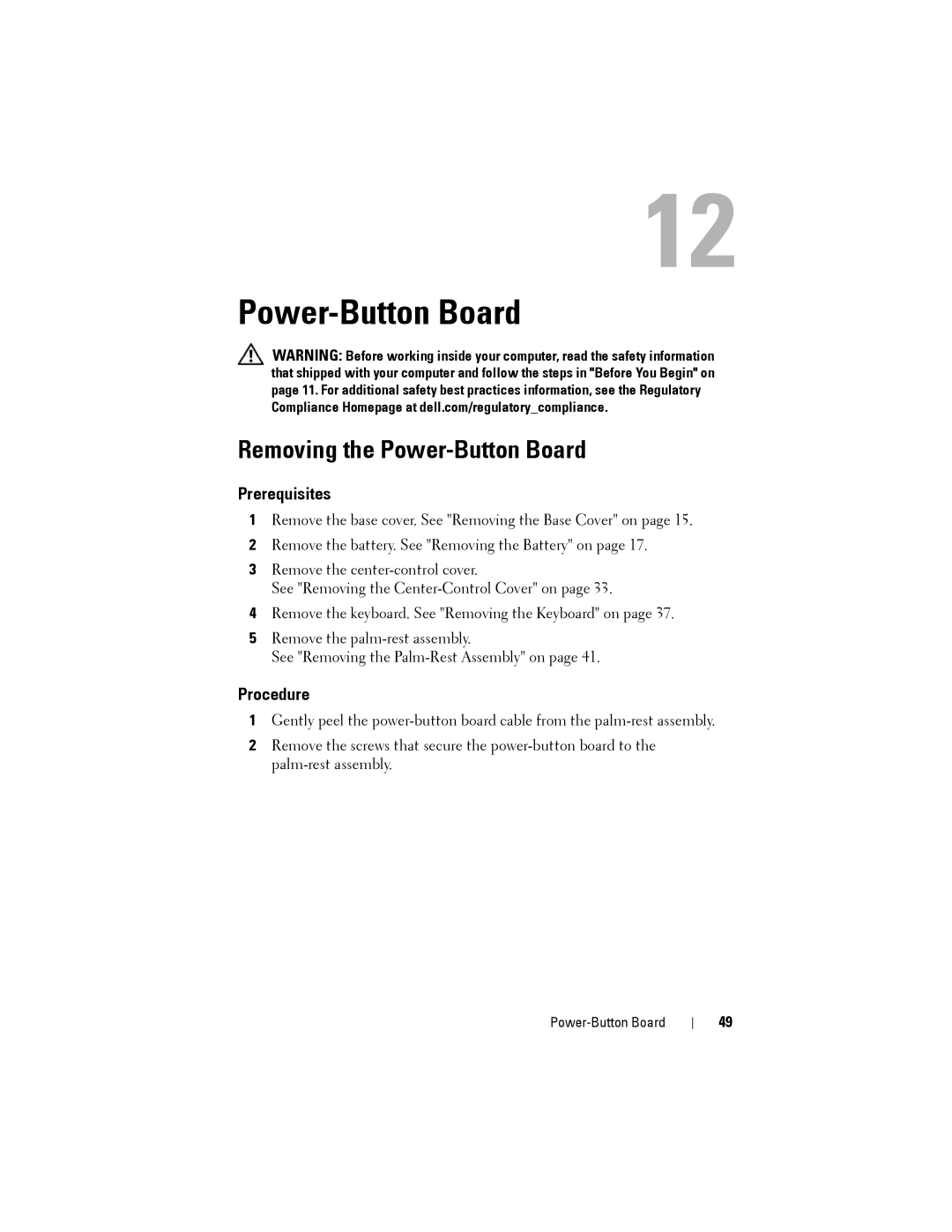 Dell M14XR2 owner manual Removing the Power-Button Board 