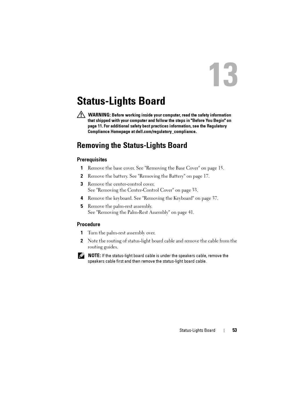 Dell M14XR2 owner manual Removing the Status-Lights Board 