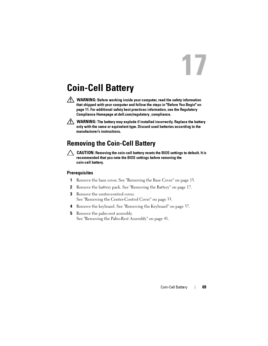 Dell M14XR2 owner manual Removing the Coin-Cell Battery 