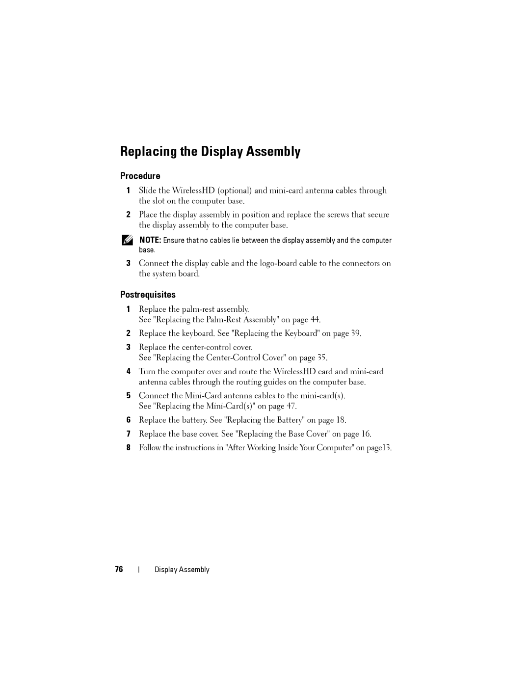 Dell M14XR2 owner manual Replacing the Display Assembly 