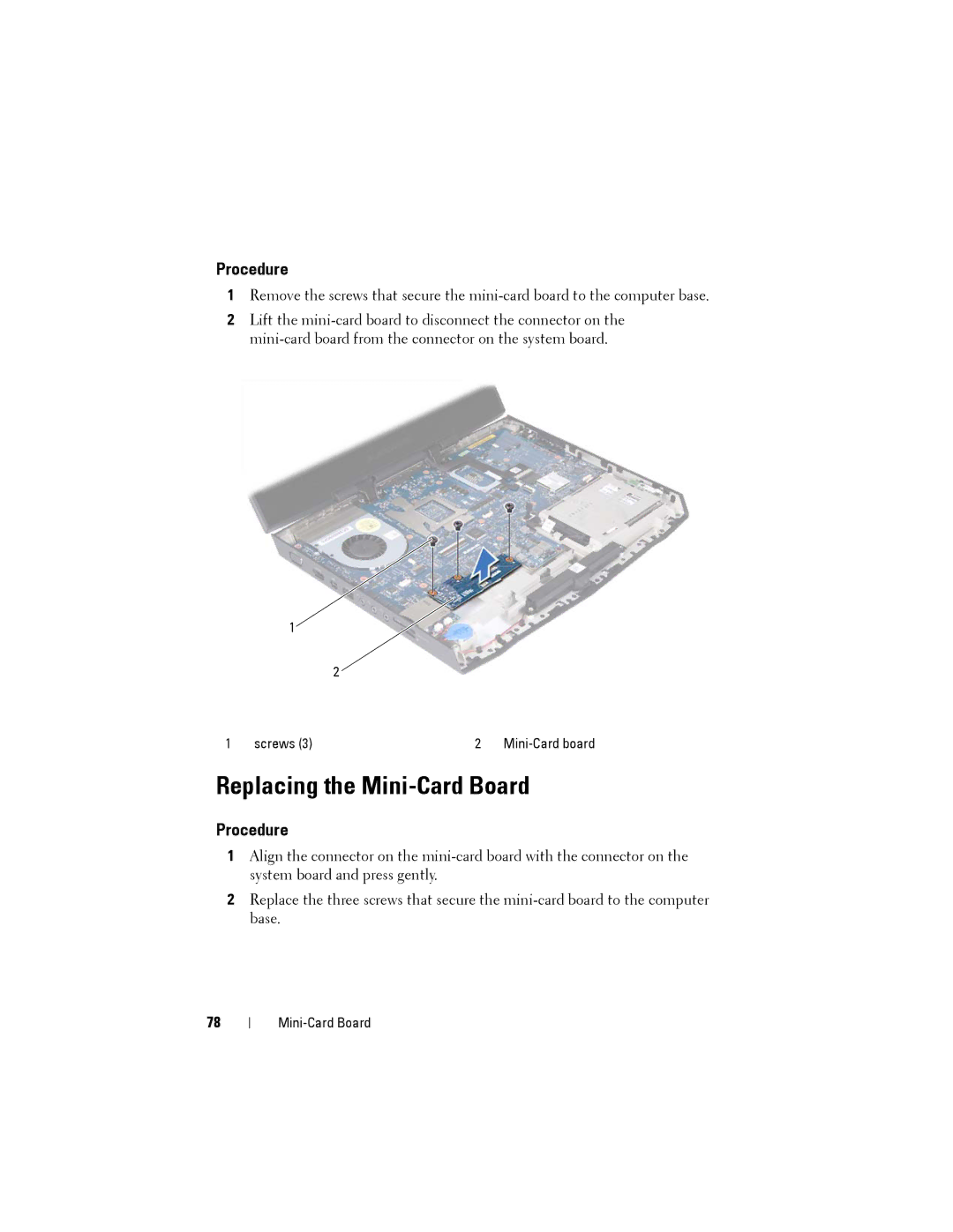 Dell M14XR2 owner manual Replacing the Mini-Card Board 