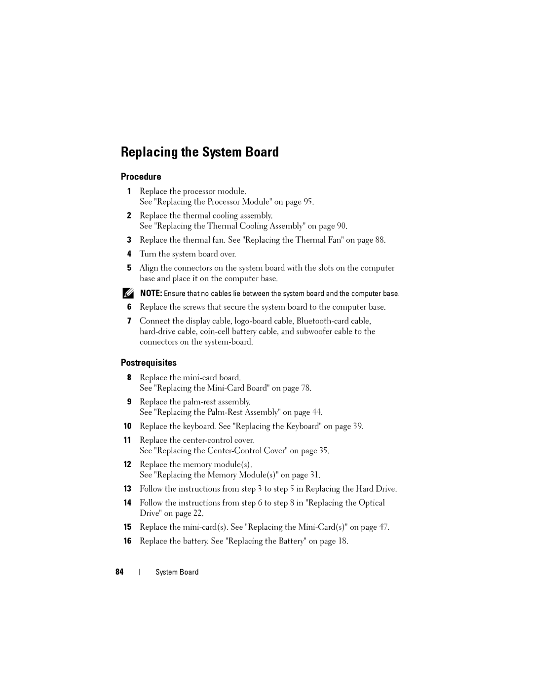 Dell M14XR2 owner manual Replacing the System Board 