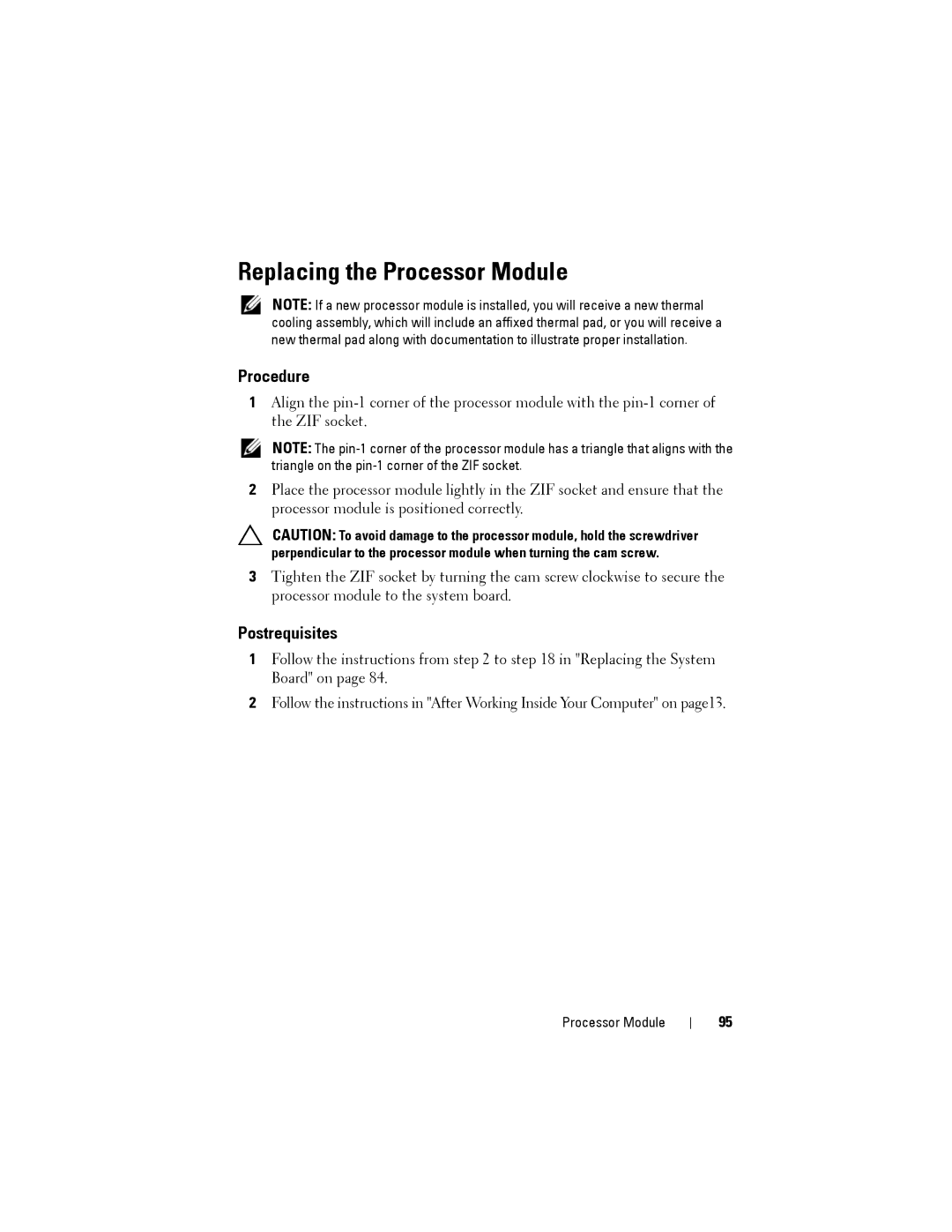 Dell M14XR2 owner manual Replacing the Processor Module 