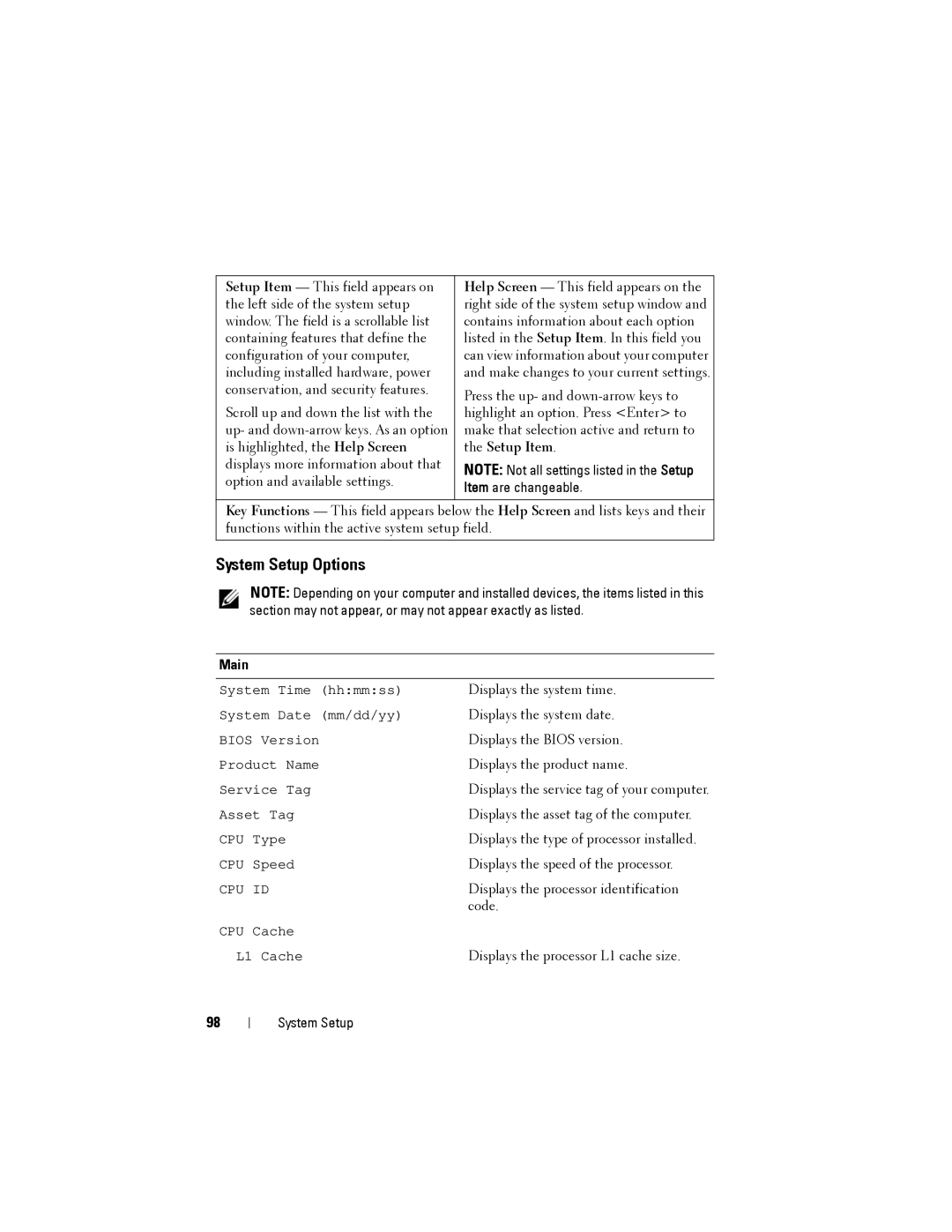 Dell M14XR2 owner manual System Setup Options 