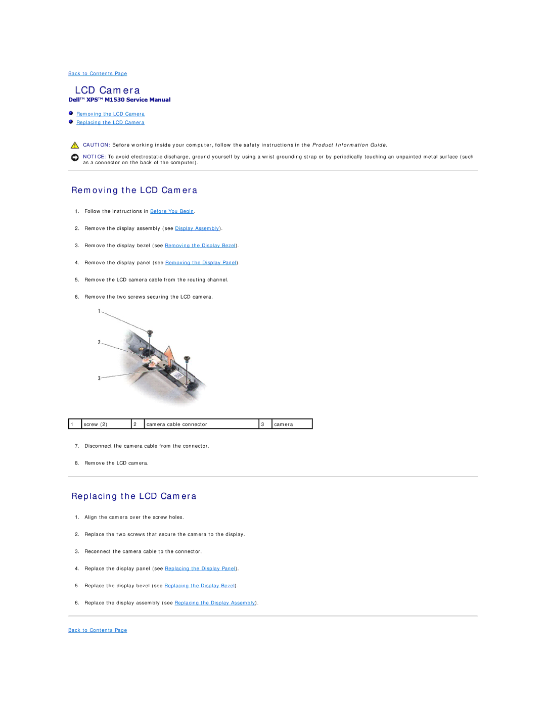 Dell M1530 manual Removing the LCD Camera, Replacing the LCD Camera 