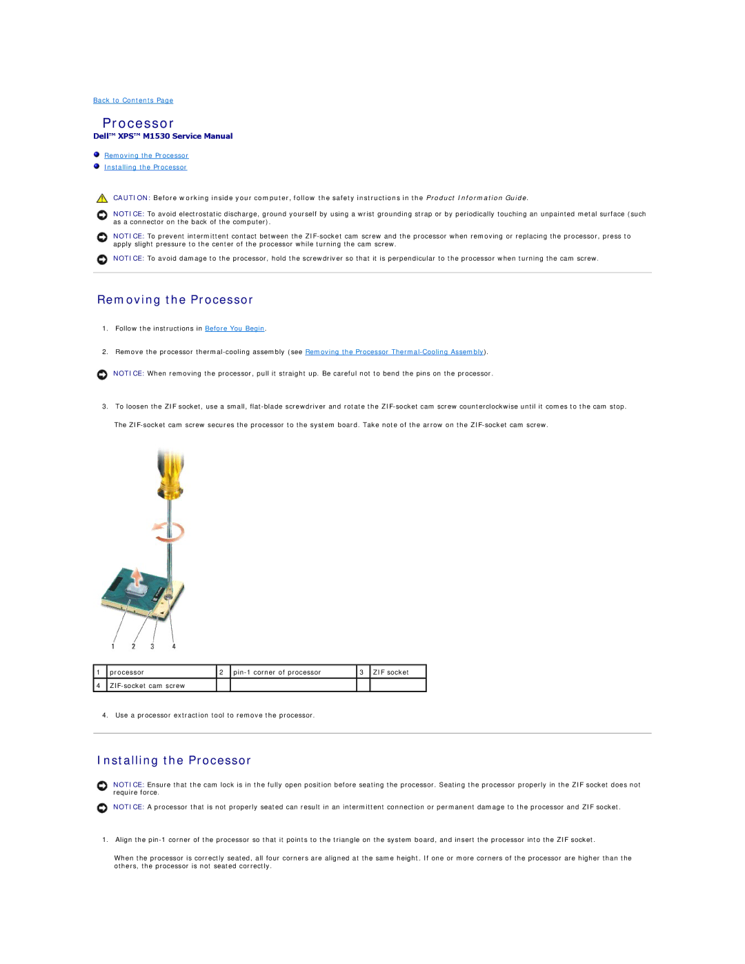 Dell M1530 manual Removing the Processor, Installing the Processor 