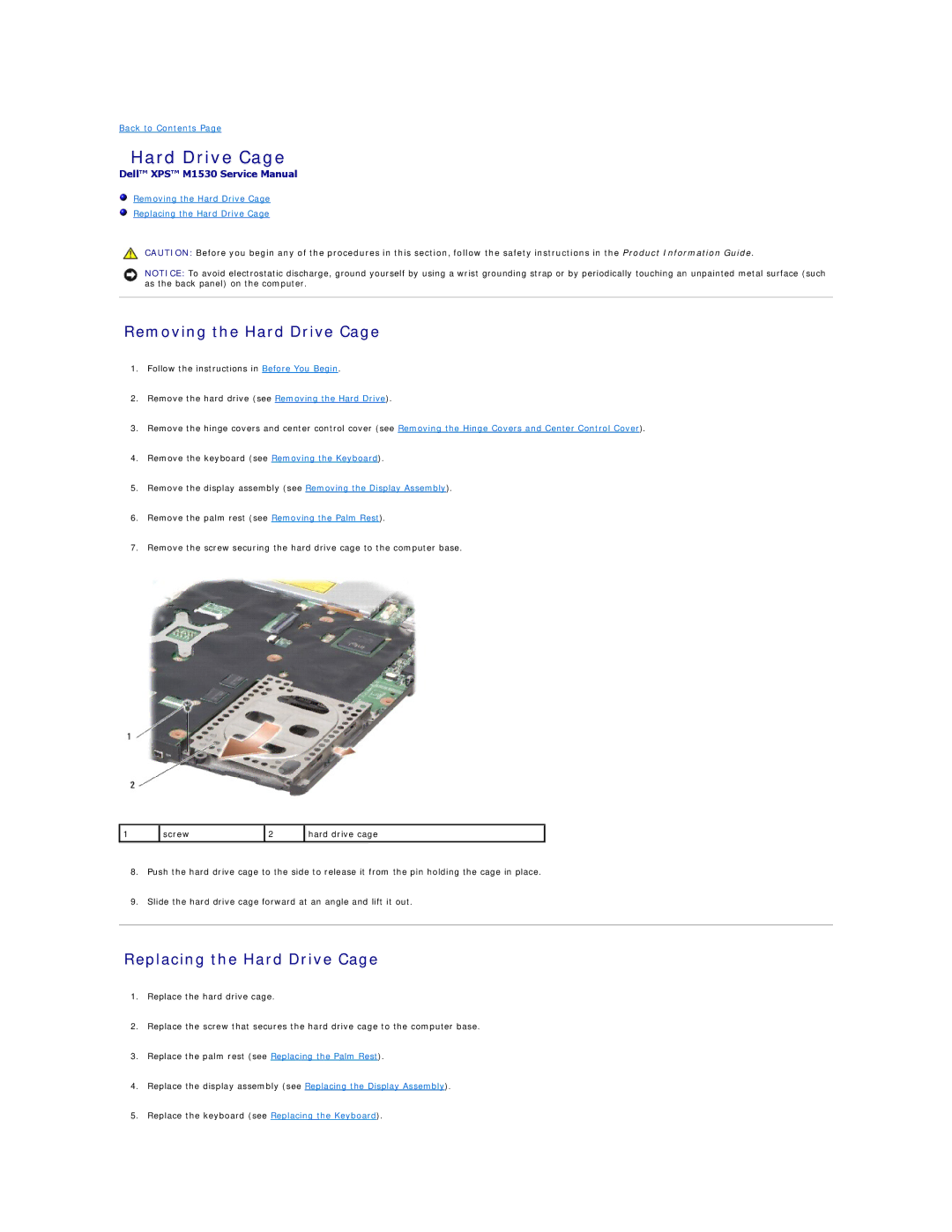 Dell M1530 manual Removing the Hard Drive Cage, Replacing the Hard Drive Cage 