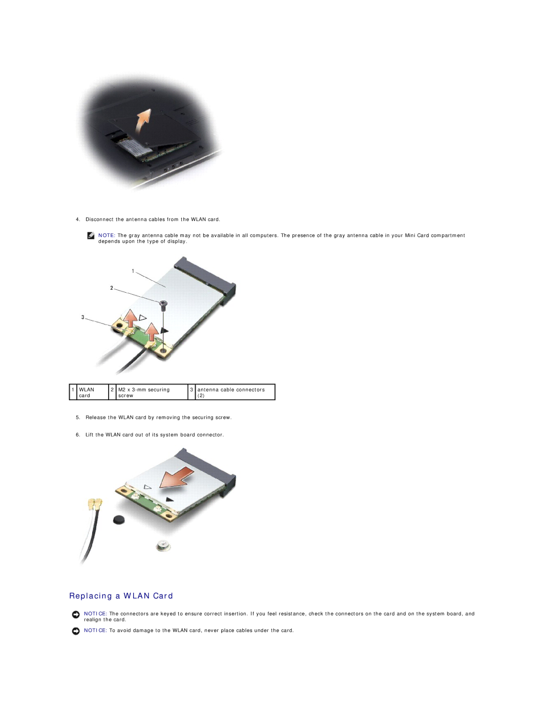 Dell M1530 manual Replacing a Wlan Card 