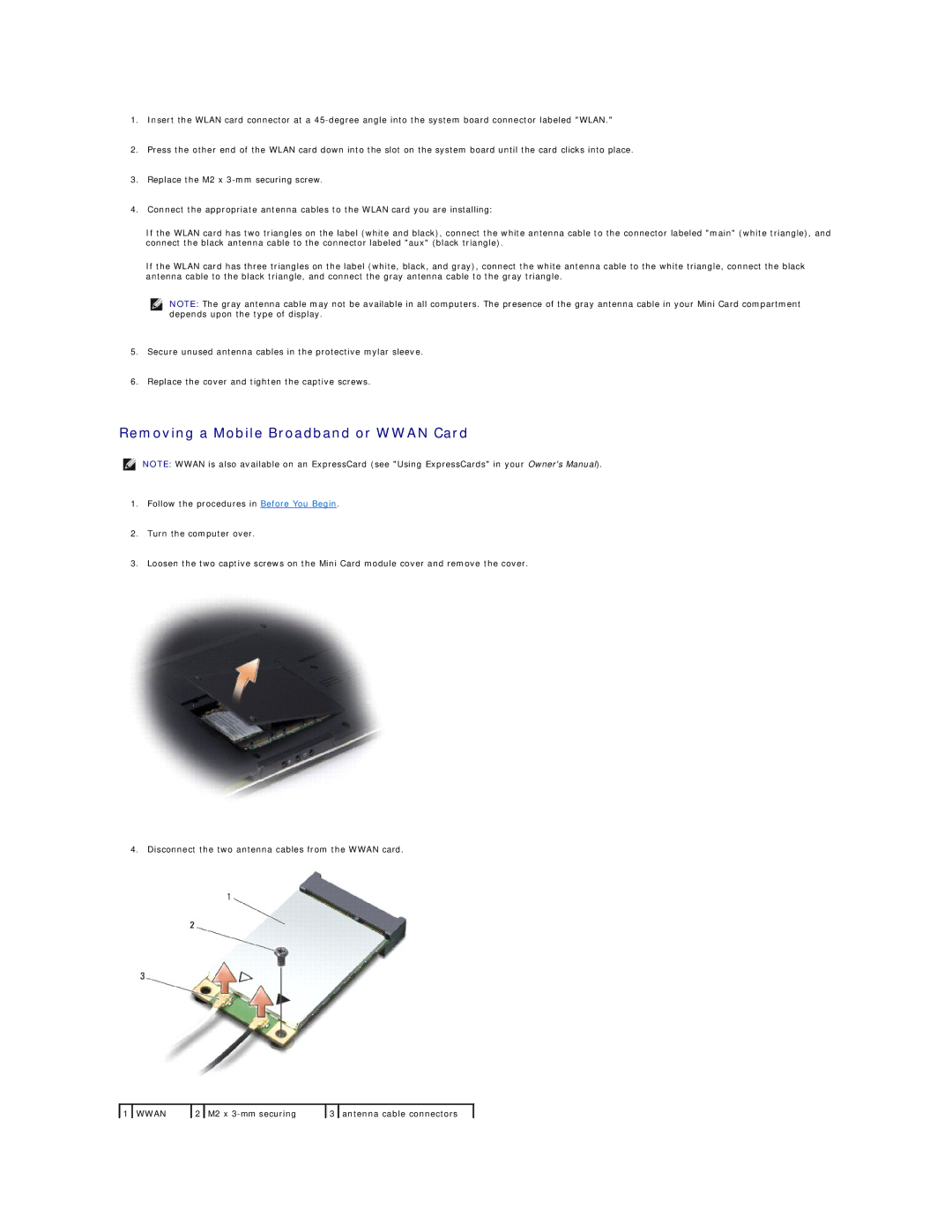 Dell M1530 manual Removing a Mobile Broadband or Wwan Card 