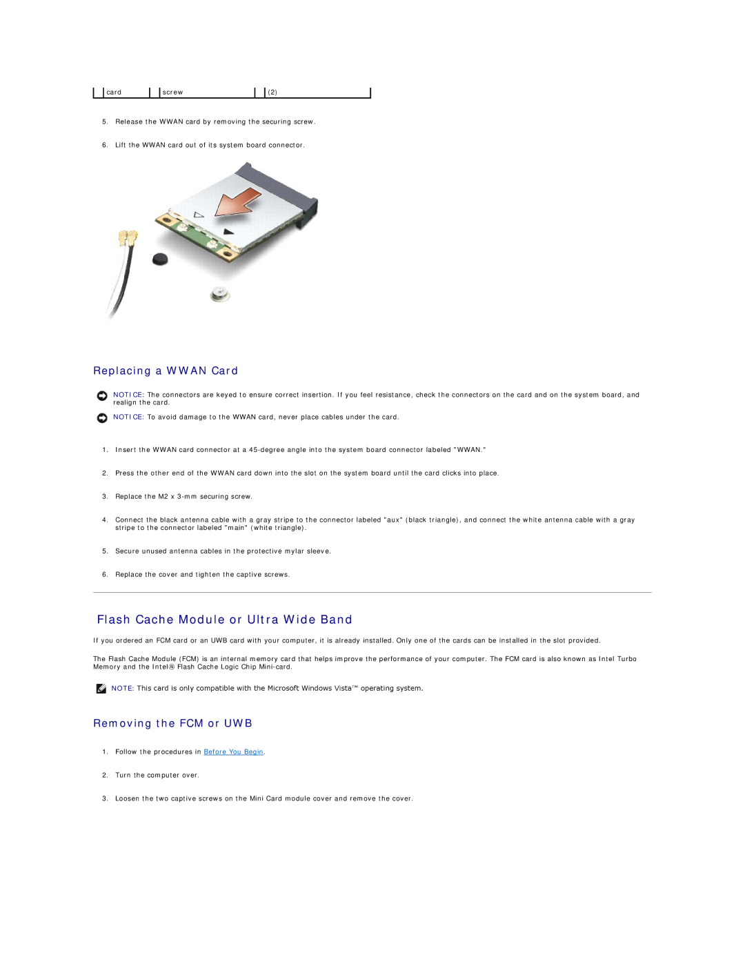 Dell M1530 manual Flash Cache Module or Ultra Wide Band, Replacing a Wwan Card 