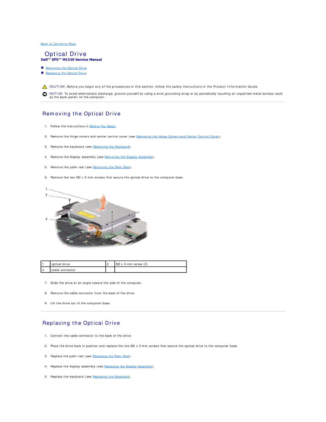 Dell M1530 manual Removing the Optical Drive, Replacing the Optical Drive 