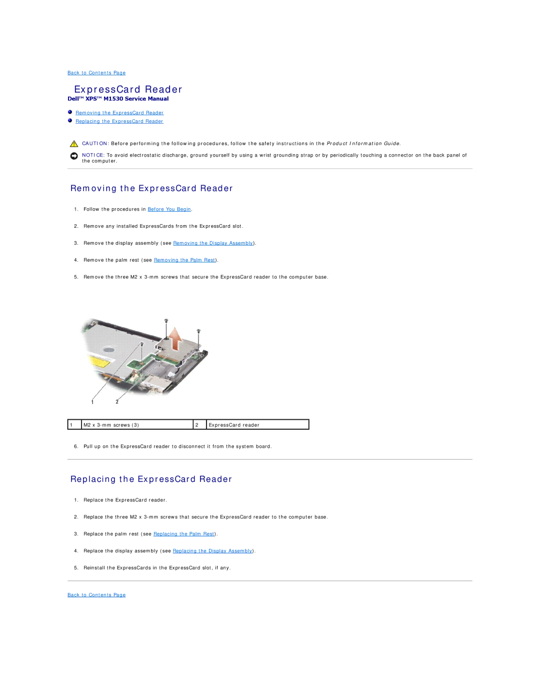 Dell M1530 manual Removing the ExpressCard Reader, Replacing the ExpressCard Reader 