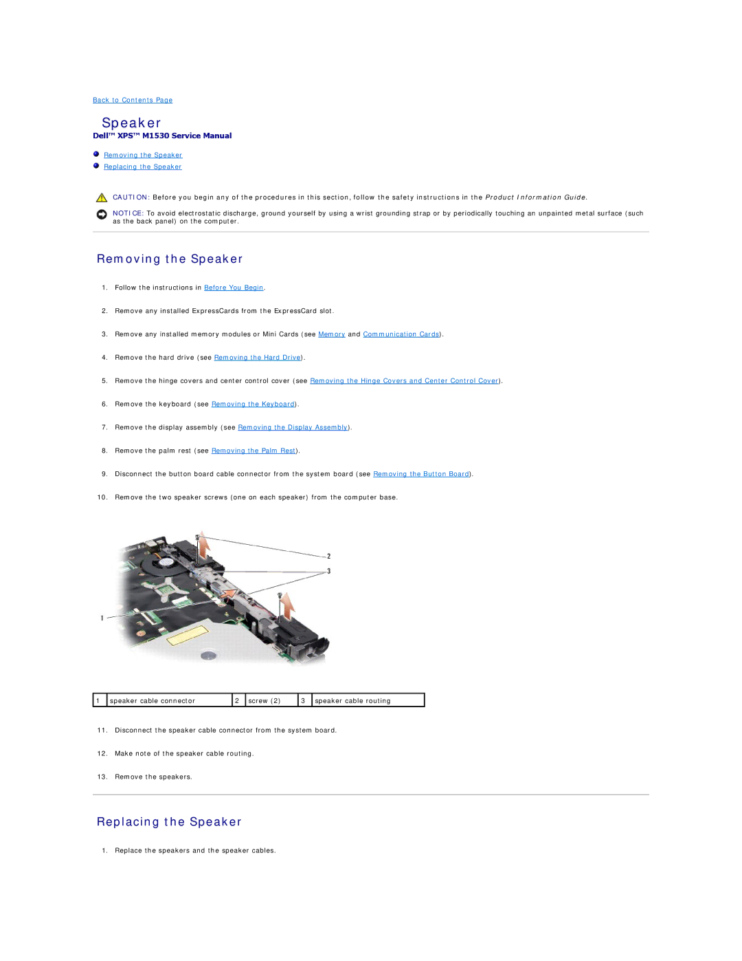 Dell M1530 manual Removing the Speaker, Replacing the Speaker 