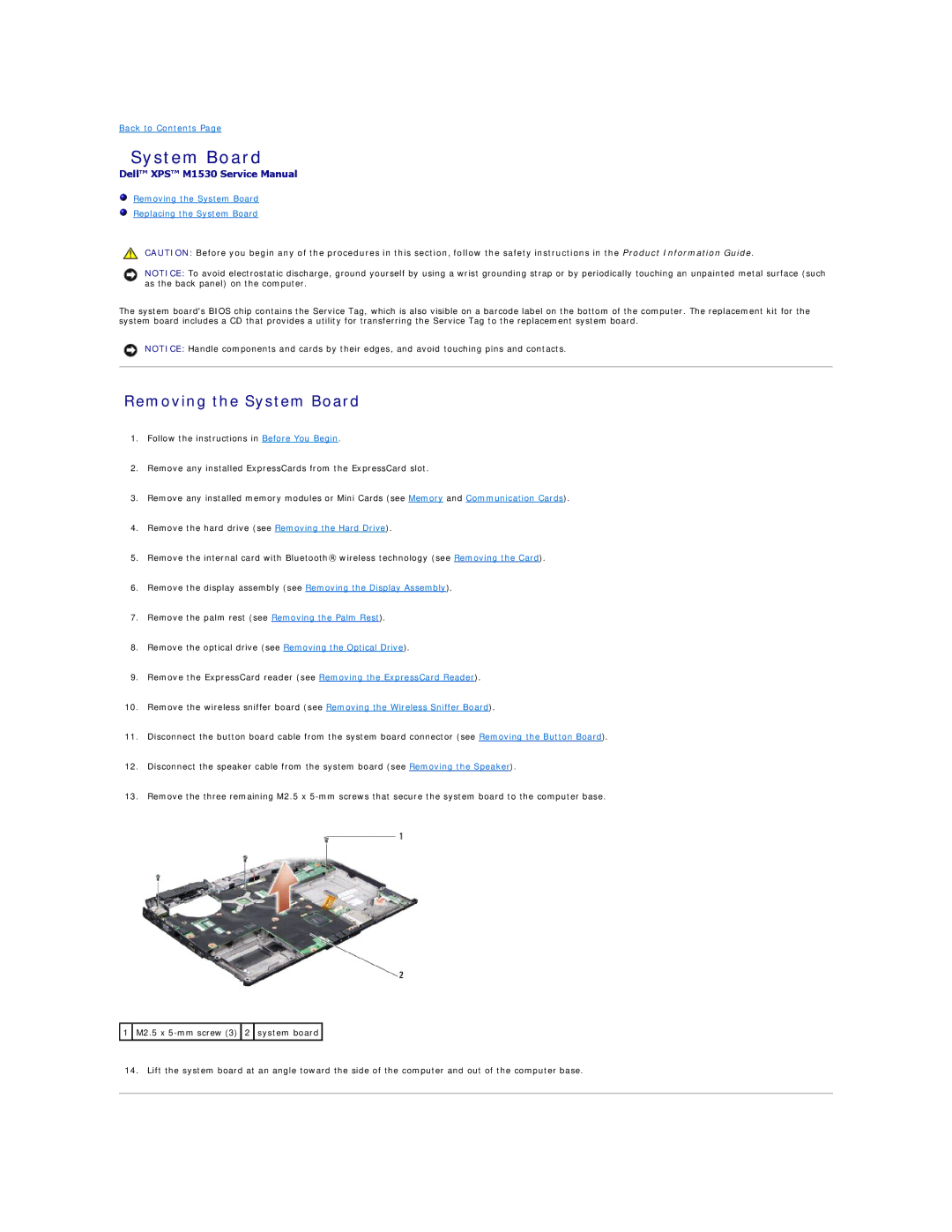 Dell M1530 manual Removing the System Board 