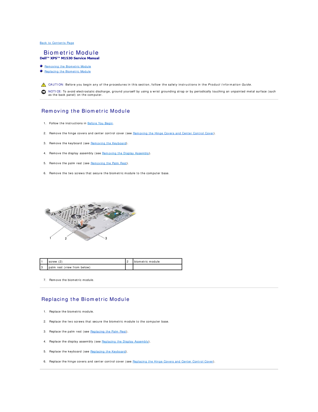 Dell M1530 manual Removing the Biometric Module, Replacing the Biometric Module 