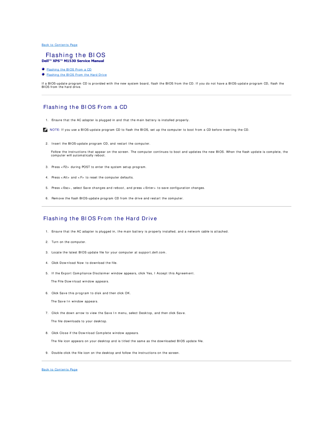 Dell M1530 manual Flashing the Bios From a CD, Flashing the Bios From the Hard Drive 