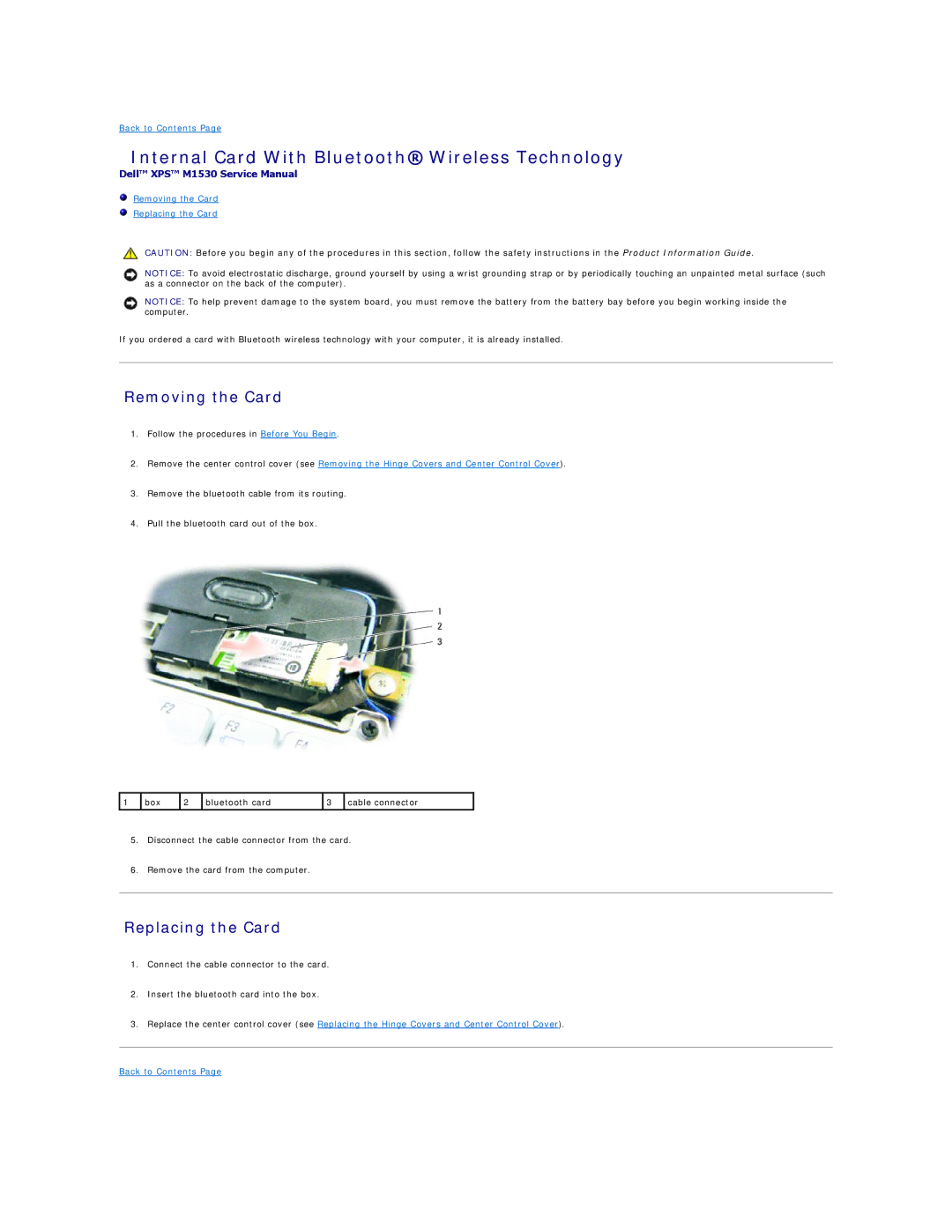 Dell M1530 manual Internal Card With Bluetooth Wireless Technology, Removing the Card, Replacing the Card 