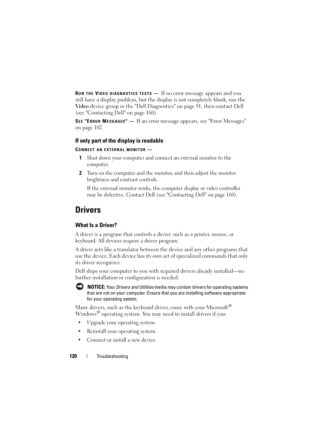 Dell M1530 owner manual Drivers, If only part of the display is readable, What Is a Driver? 