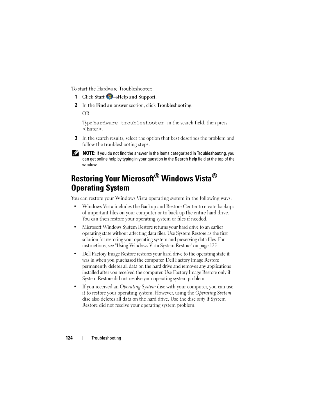 Dell M1530 owner manual Restoring Your Microsoft Windows Vista Operating System, 124 