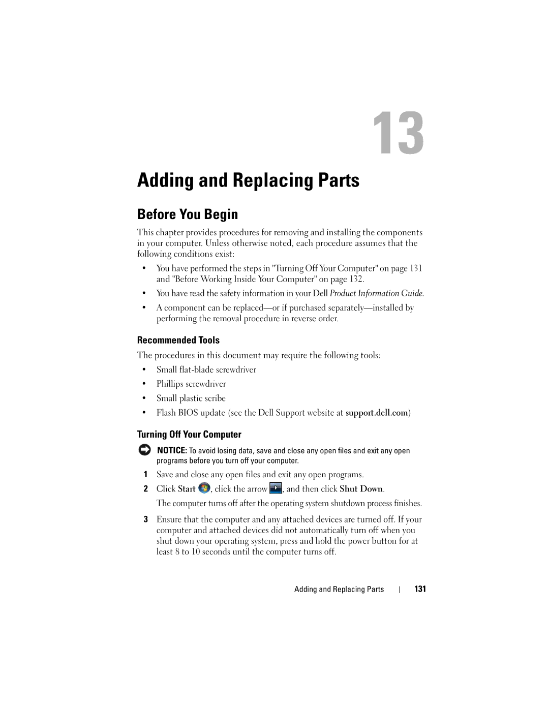 Dell M1530 owner manual Adding and Replacing Parts, Before You Begin, Recommended Tools, Turning Off Your Computer 