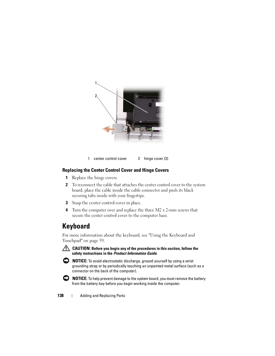 Dell M1530 owner manual Keyboard, Replacing the Center Control Cover and Hinge Covers, Center control cover 