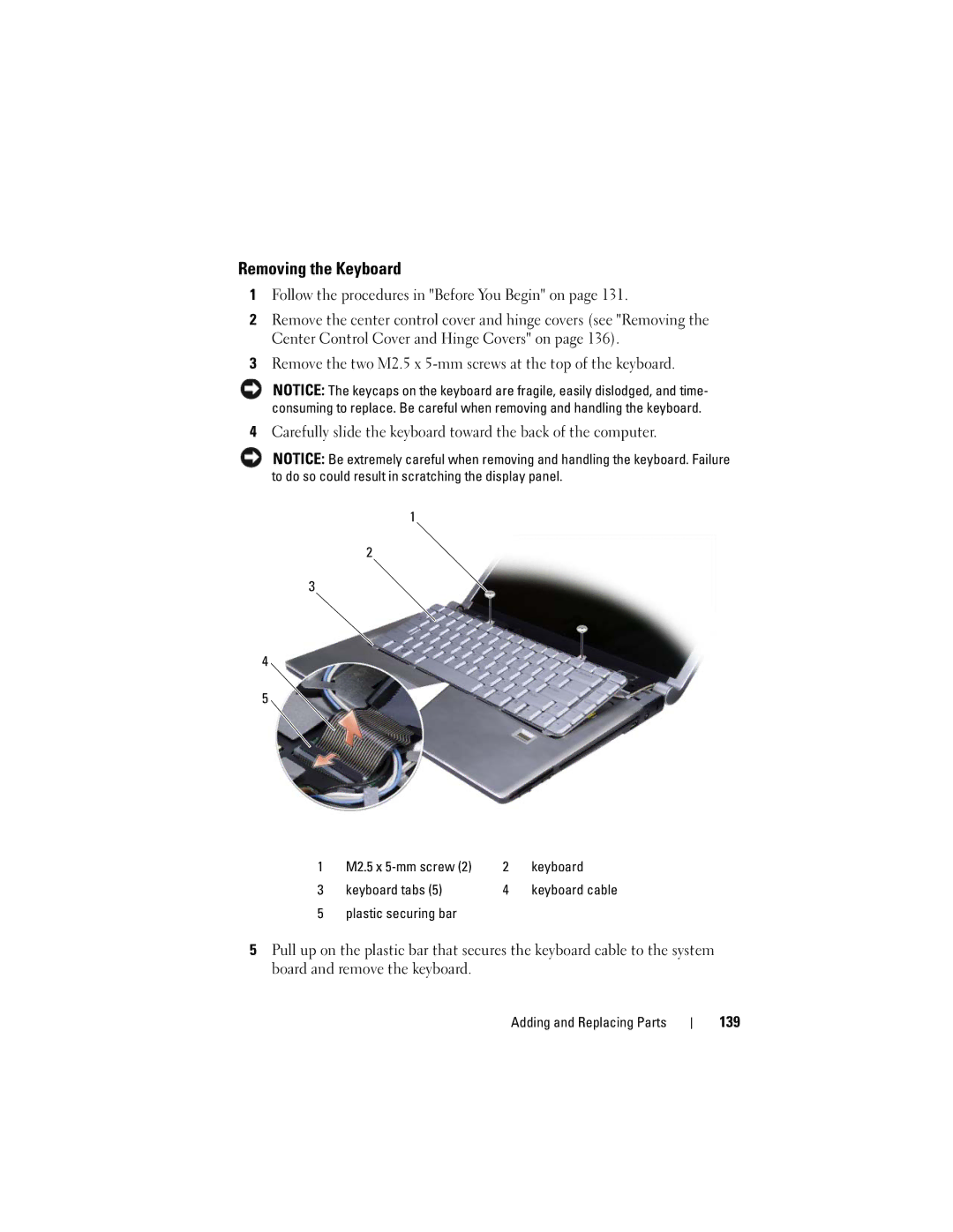 Dell M1530 Removing the Keyboard, Follow the procedures in Before You Begin on, 139, Keyboard tabs, Plastic securing bar 