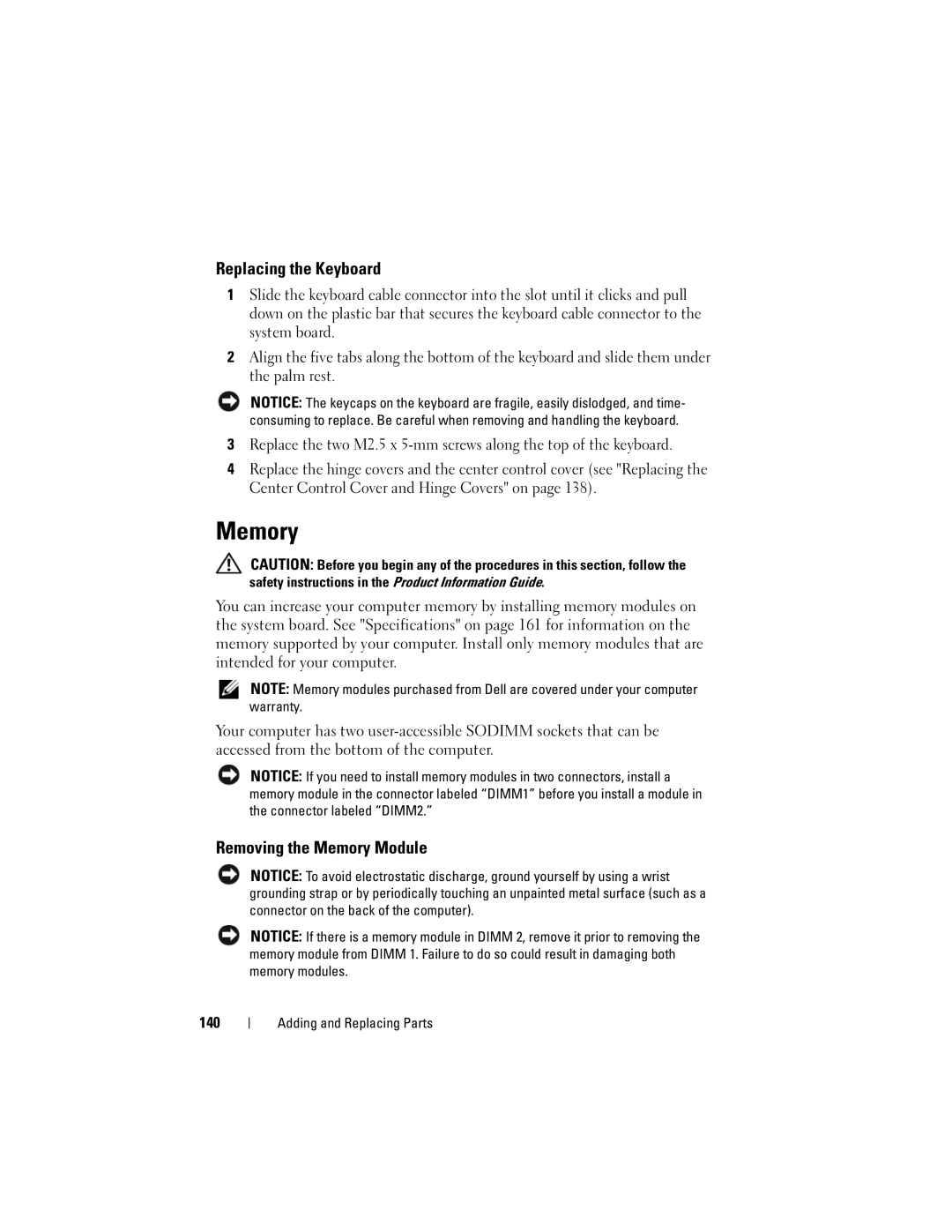 Dell M1530 owner manual Replacing the Keyboard, Removing the Memory Module, 140 