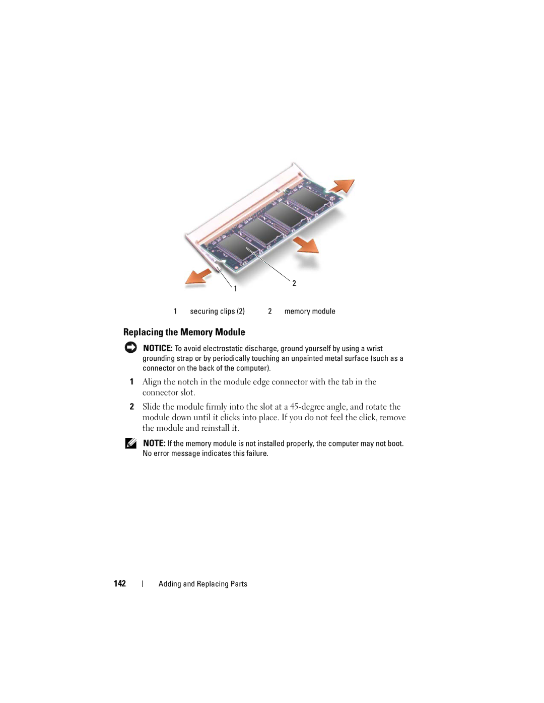 Dell M1530 owner manual Replacing the Memory Module, Securing clips Memory module 