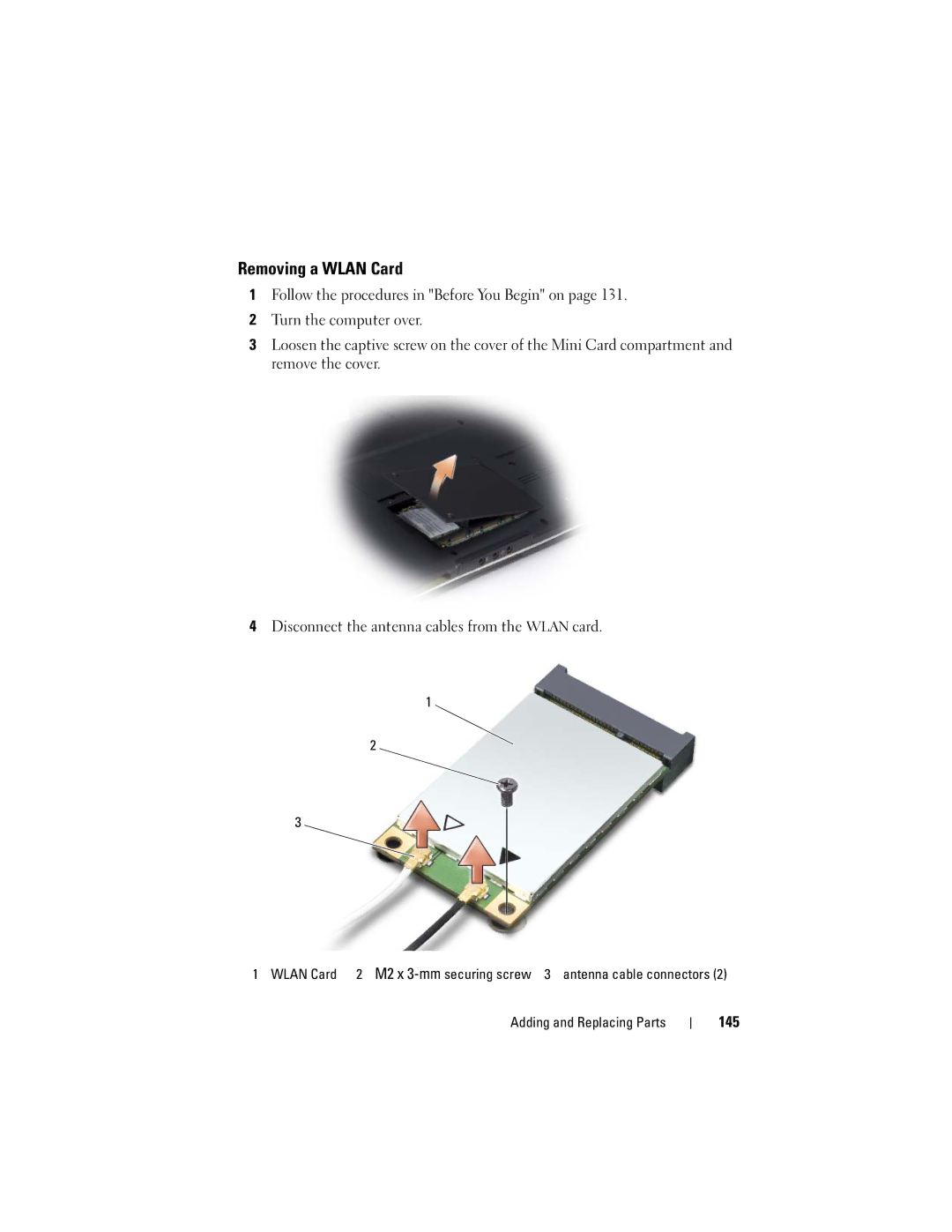 Dell M1530 owner manual Removing a Wlan Card, 145 