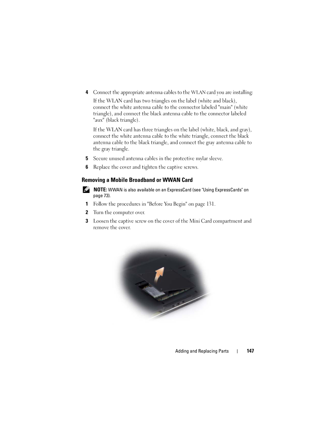 Dell M1530 owner manual Removing a Mobile Broadband or Wwan Card, 147 