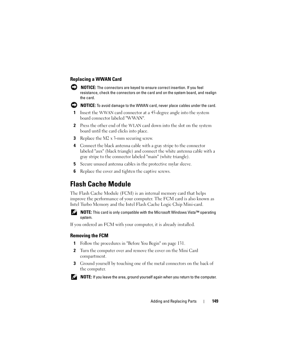 Dell M1530 owner manual Flash Cache Module, Replacing a Wwan Card, Removing the FCM, 149 