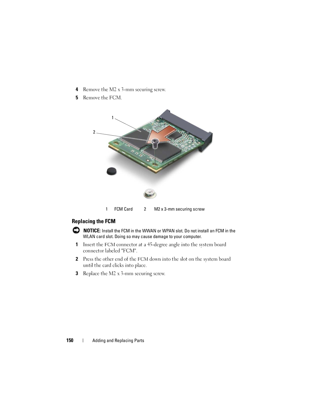 Dell M1530 owner manual Replacing the FCM, Remove the M2 x 3-mm securing screw Remove the FCM, FCM Card 