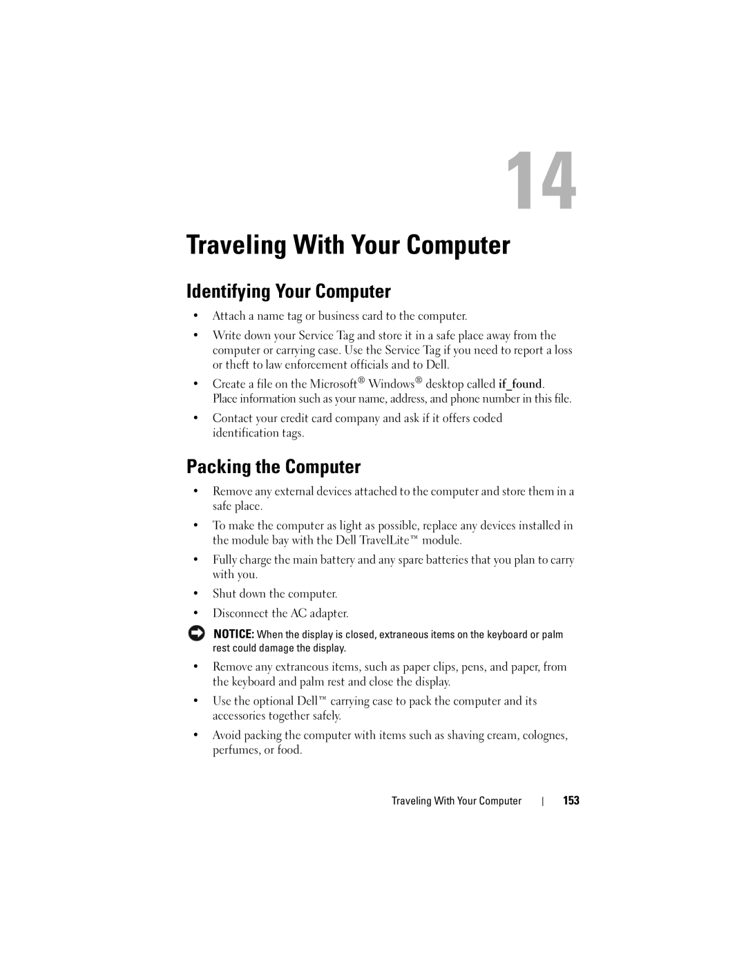 Dell M1530 owner manual Traveling With Your Computer, Identifying Your Computer, Packing the Computer 