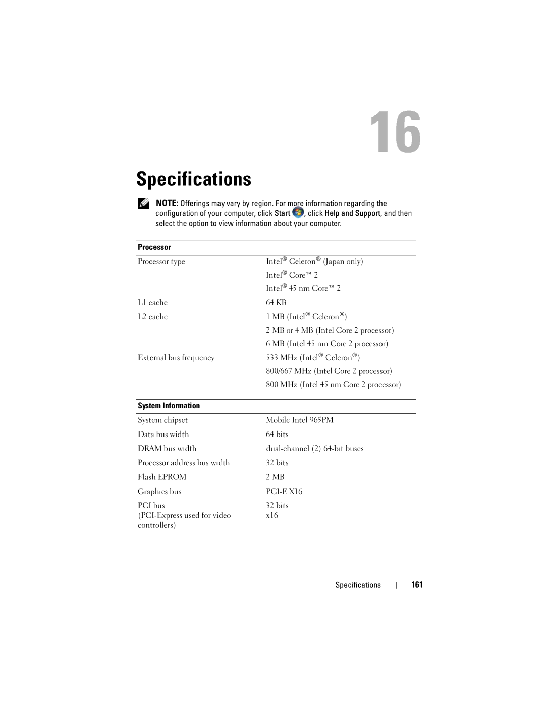 Dell M1530 owner manual Specifications, 161, Processor, System Information 