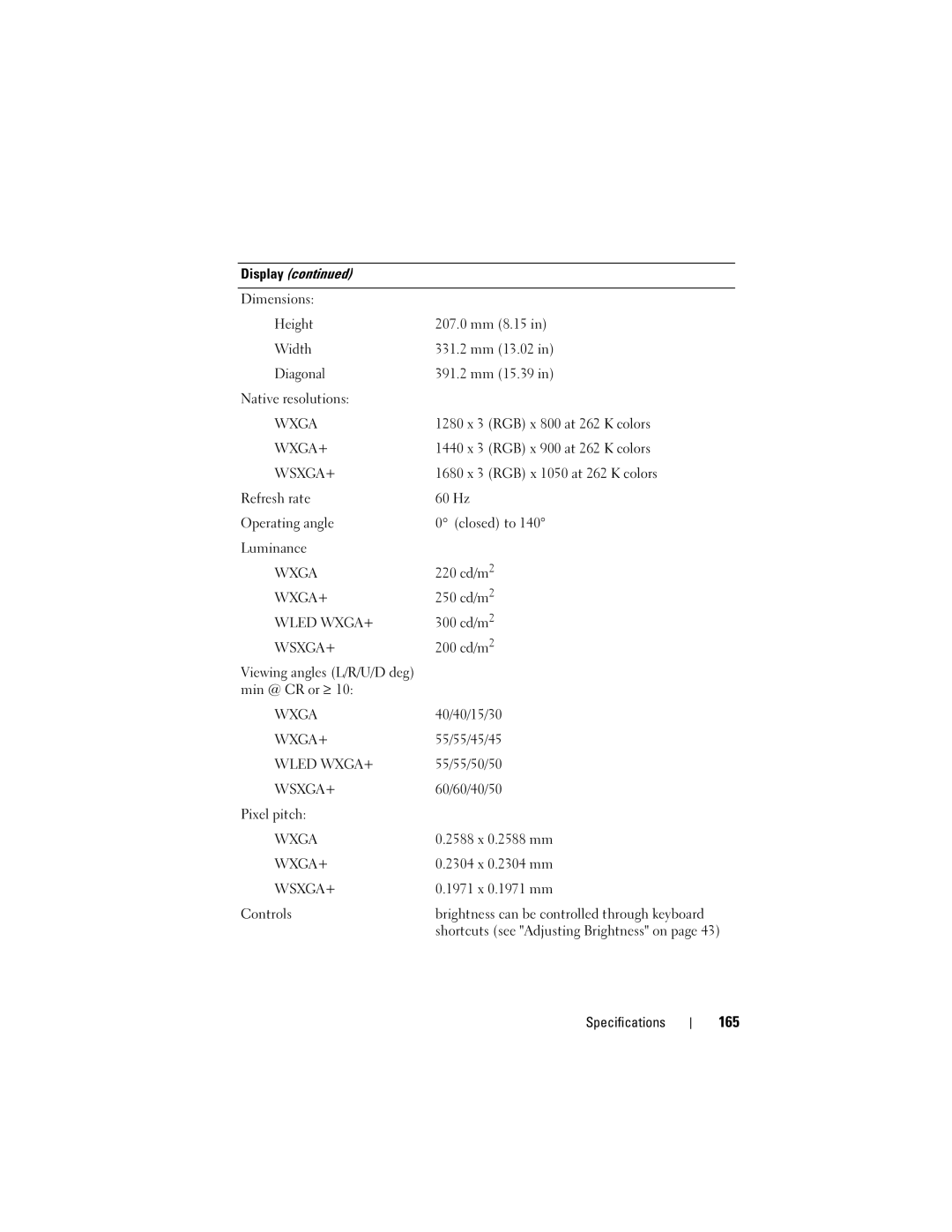 Dell M1530 owner manual 165, Height, Width, Diagonal 